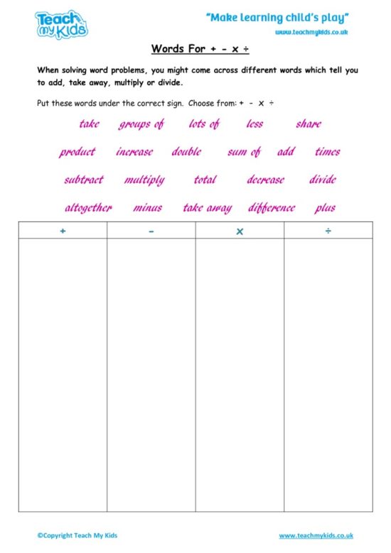 Worksheets for kids - words-for-+-x-